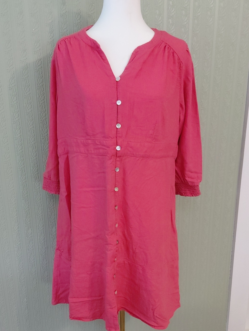J. Jill Coral Button-Front Tunic Dress Feminie Casual Viscose Linen Rayon